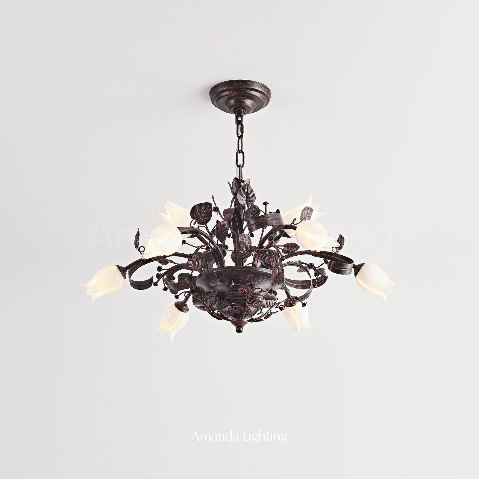Floral Chandelier With White Tulip Lamp Shades - 6+3 Lights