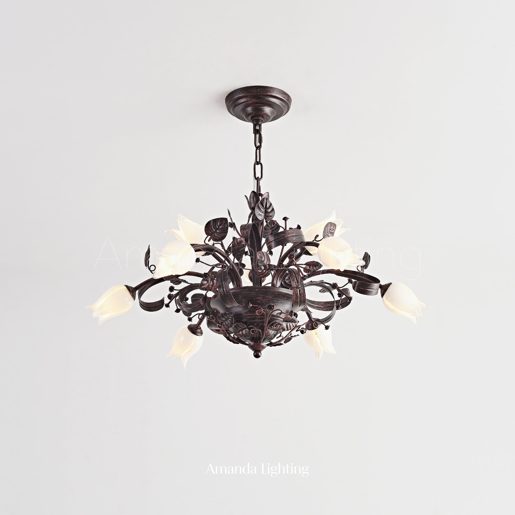 Floral Chandelier With White Tulip Lamp Shades - 6+3 Lights