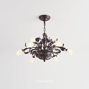 Floral Chandelier With White Tulip Lamp Shades - 6+3 Lights