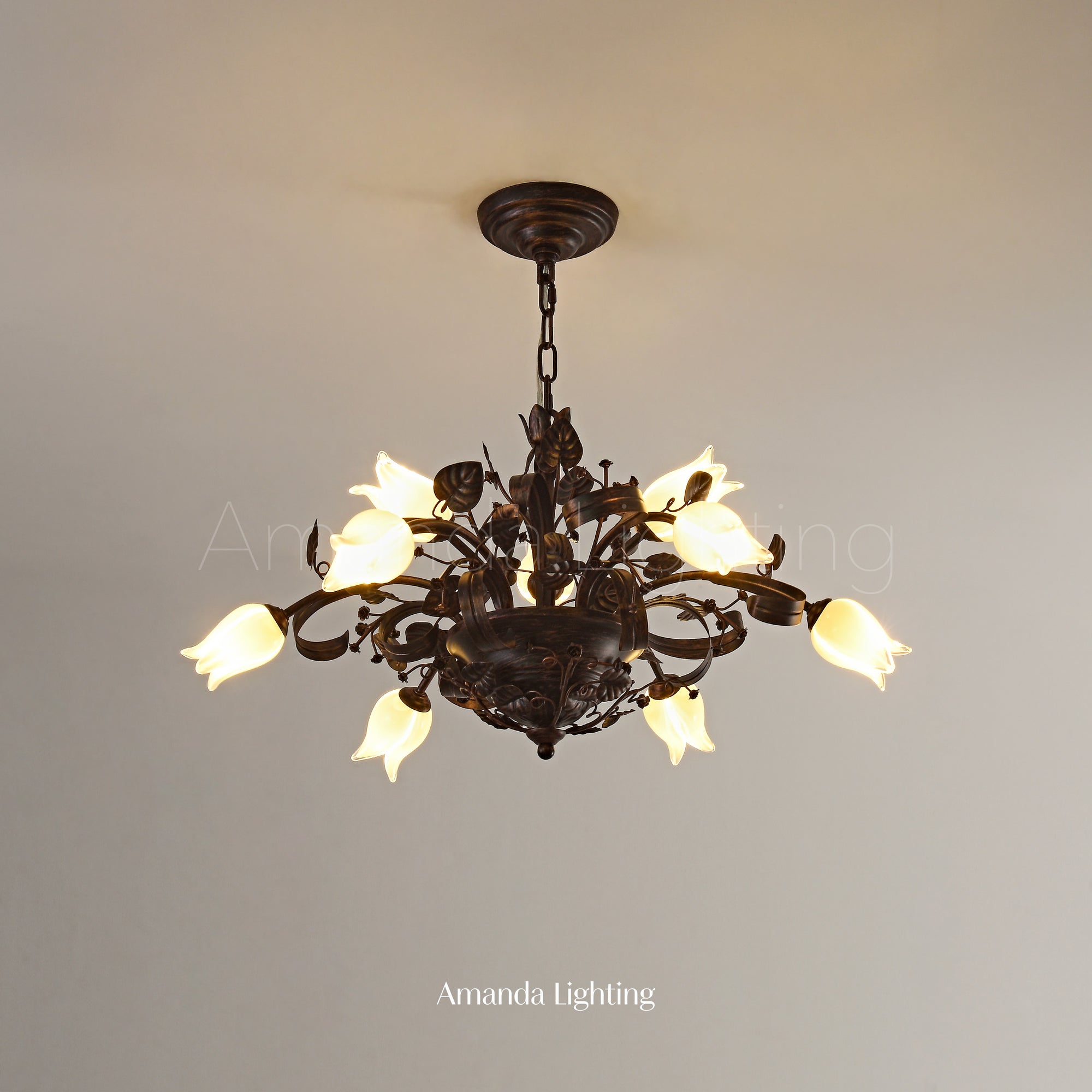 Floral Chandelier With White Tulip Lamp Shades - 6+3 Lights