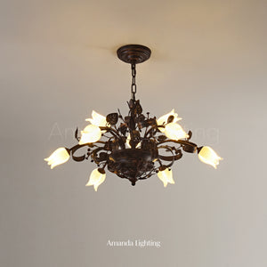 Floral Chandelier With White Tulip Lamp Shades - 6+3 Lights