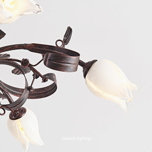 Floral Chandelier With White Tulip Lamp Shades - 6+3 Lights