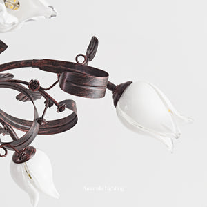 Floral Chandelier With White Tulip Lamp Shades - 6+3 Lights