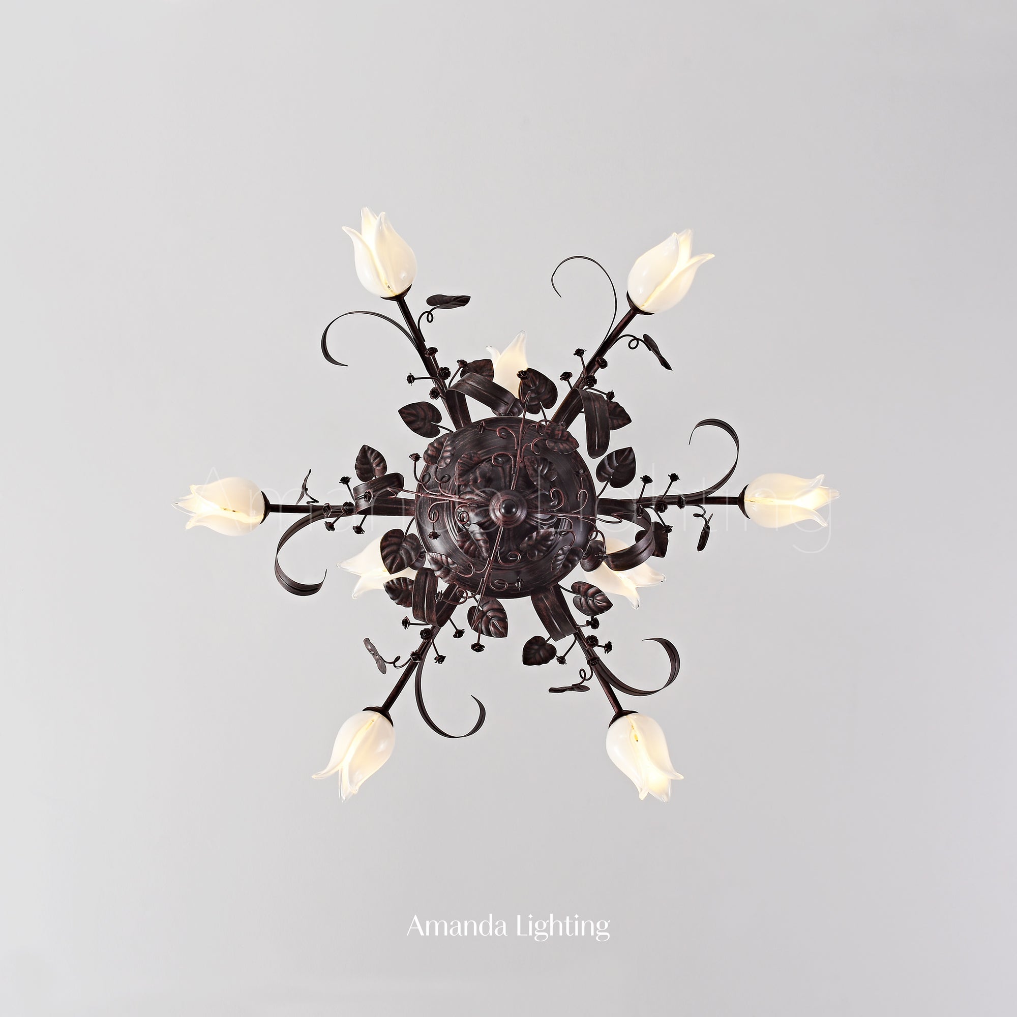 Floral Chandelier With White Tulip Lamp Shades - 6+3 Lights