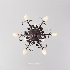 Floral Chandelier With White Tulip Lamp Shades - 6+3 Lights