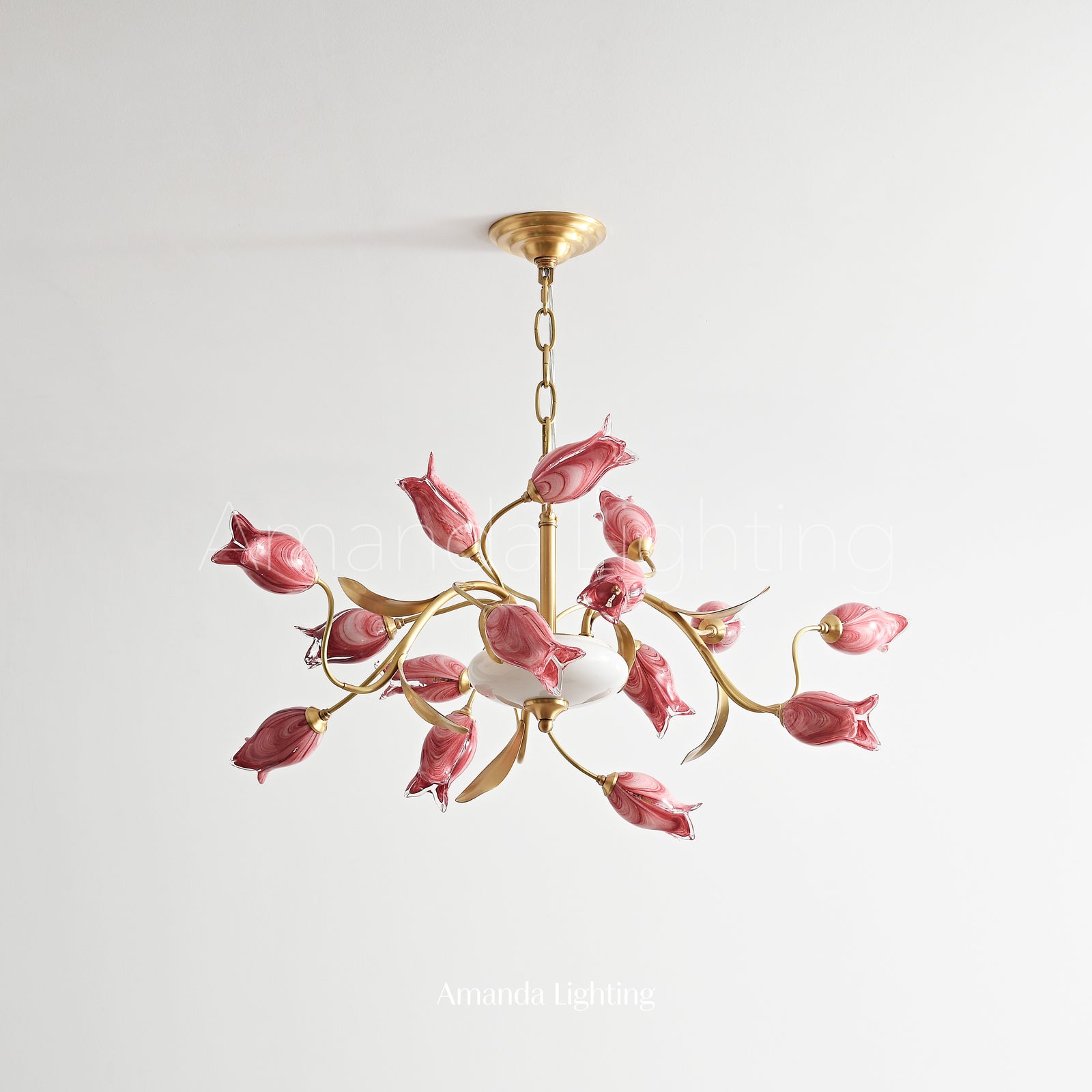 Brass Chandelier With Pink Glass Tulip Lamp Shades - 15+3 Lights