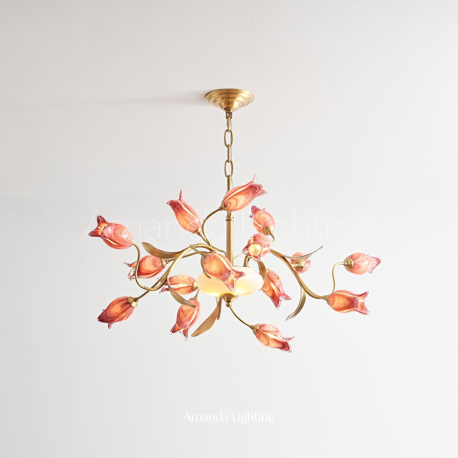 Brass Chandelier With Pink Glass Tulip Lamp Shades - 15+3 Lights