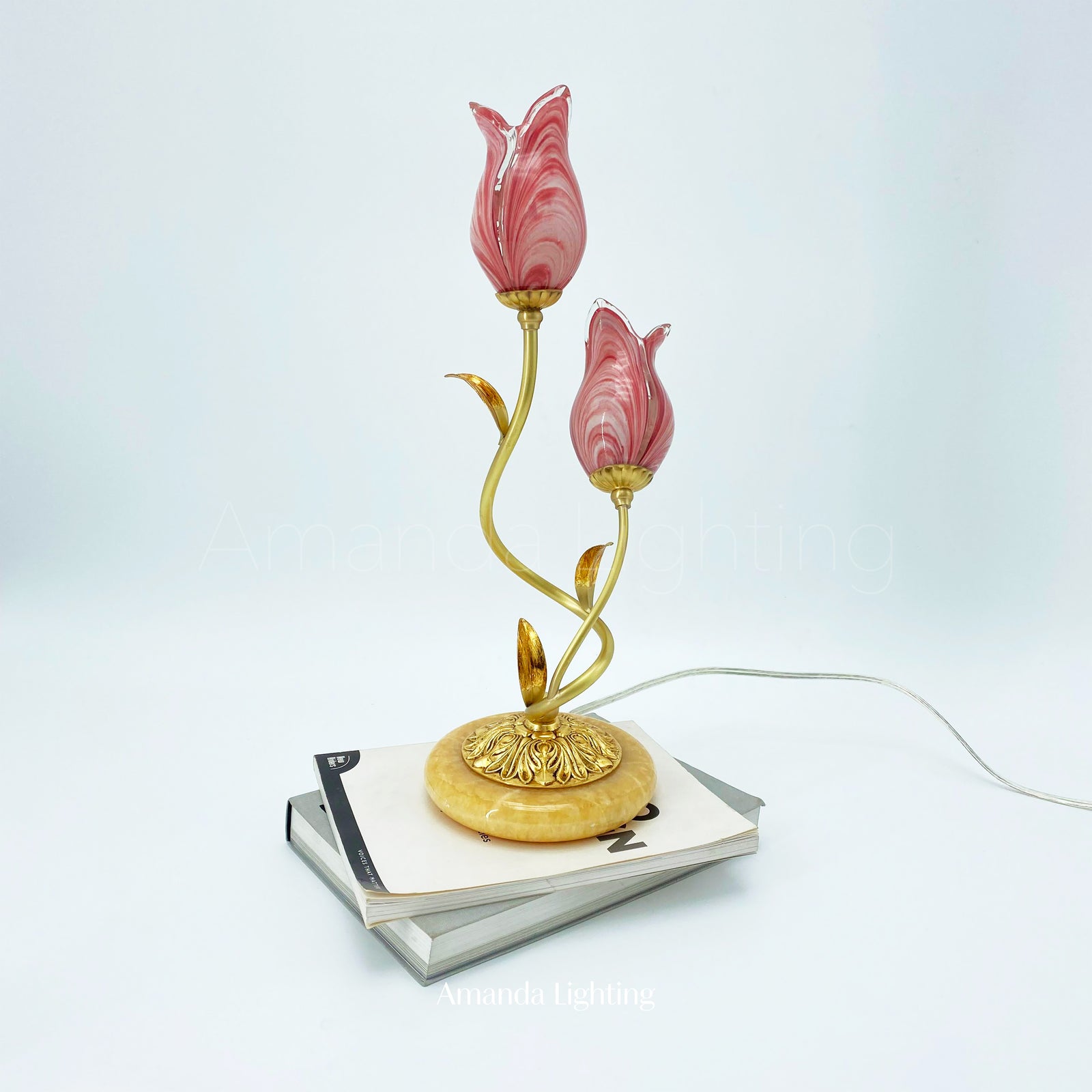 Brass Table Lamp With Pink Glass Tulip Flower Lamp Shades - 2 Lights