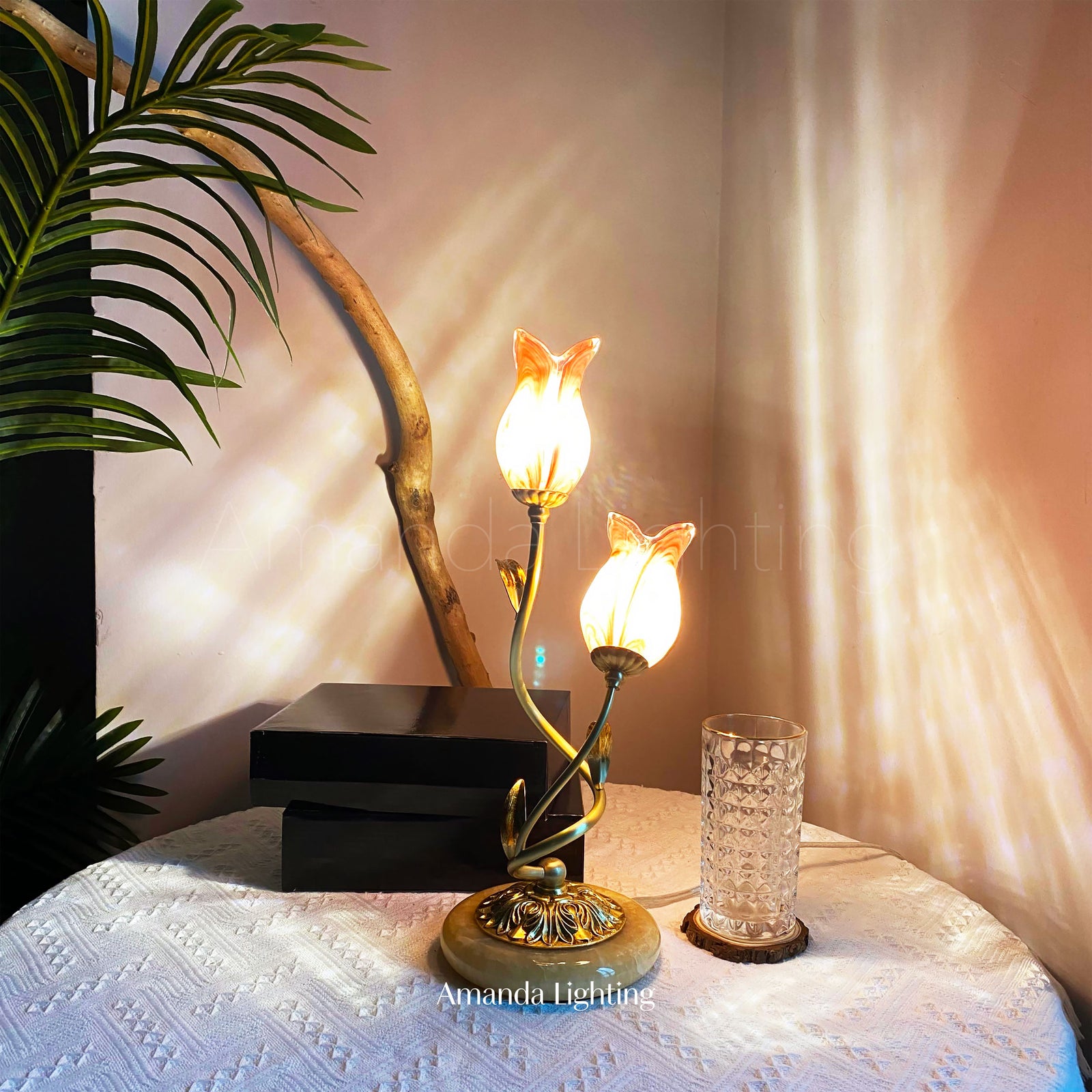 Brass Table Lamp With Pink Glass Tulip Flower Lamp Shades - 2 Lights