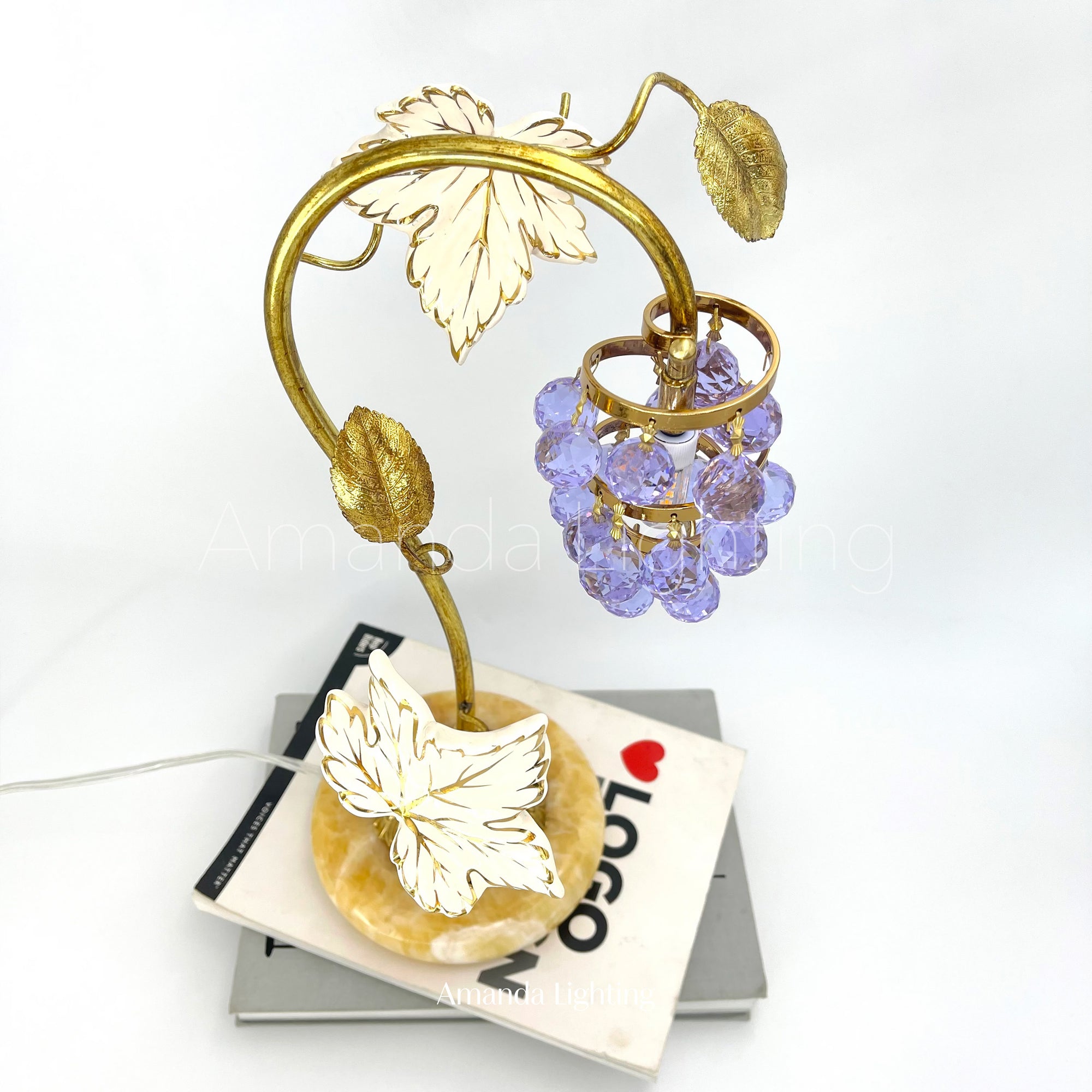 Mid Century Modern Brass Table Lamp With Purple Grape - 1 Light