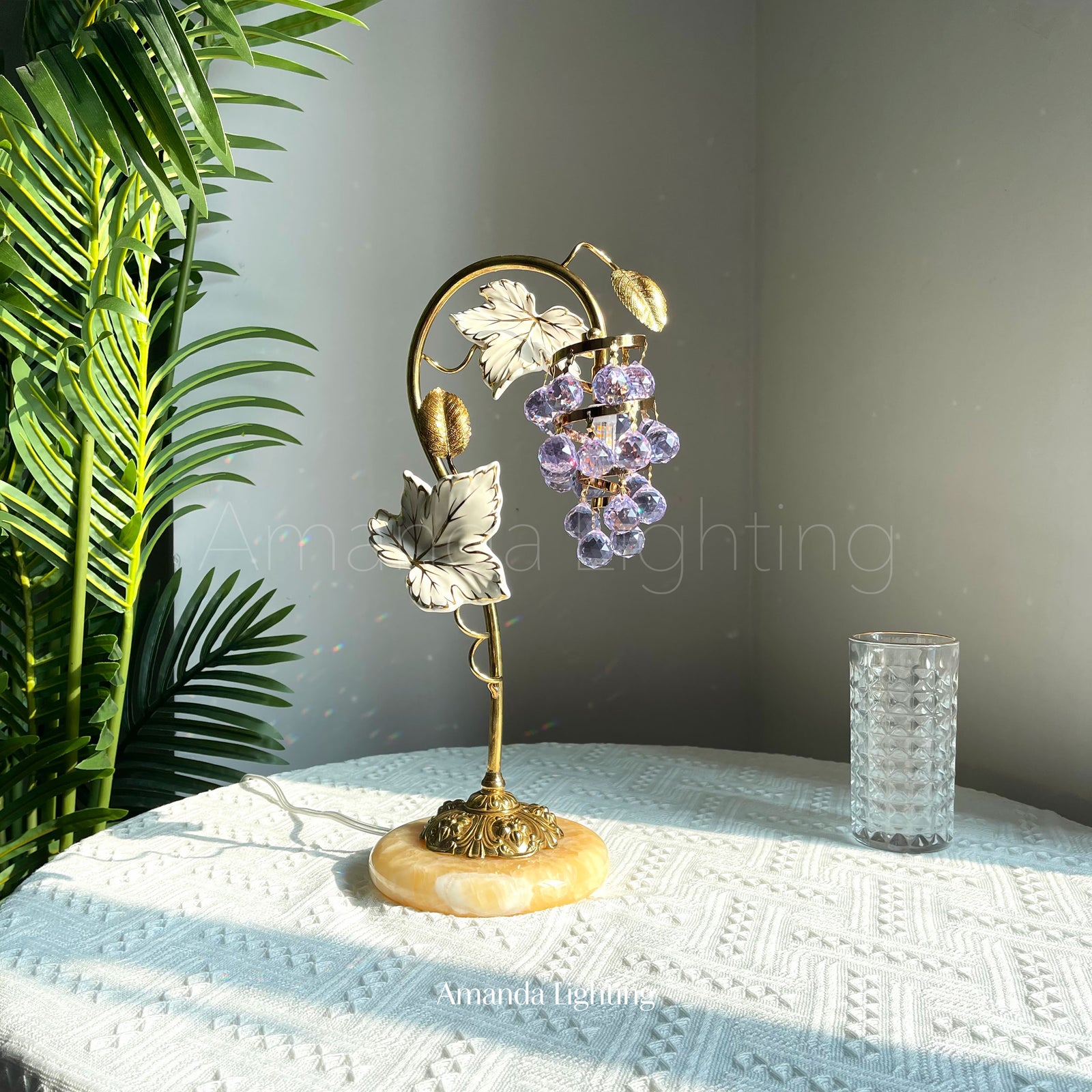 Mid Century Modern Brass Table Lamp With Purple Grape - 1 Light