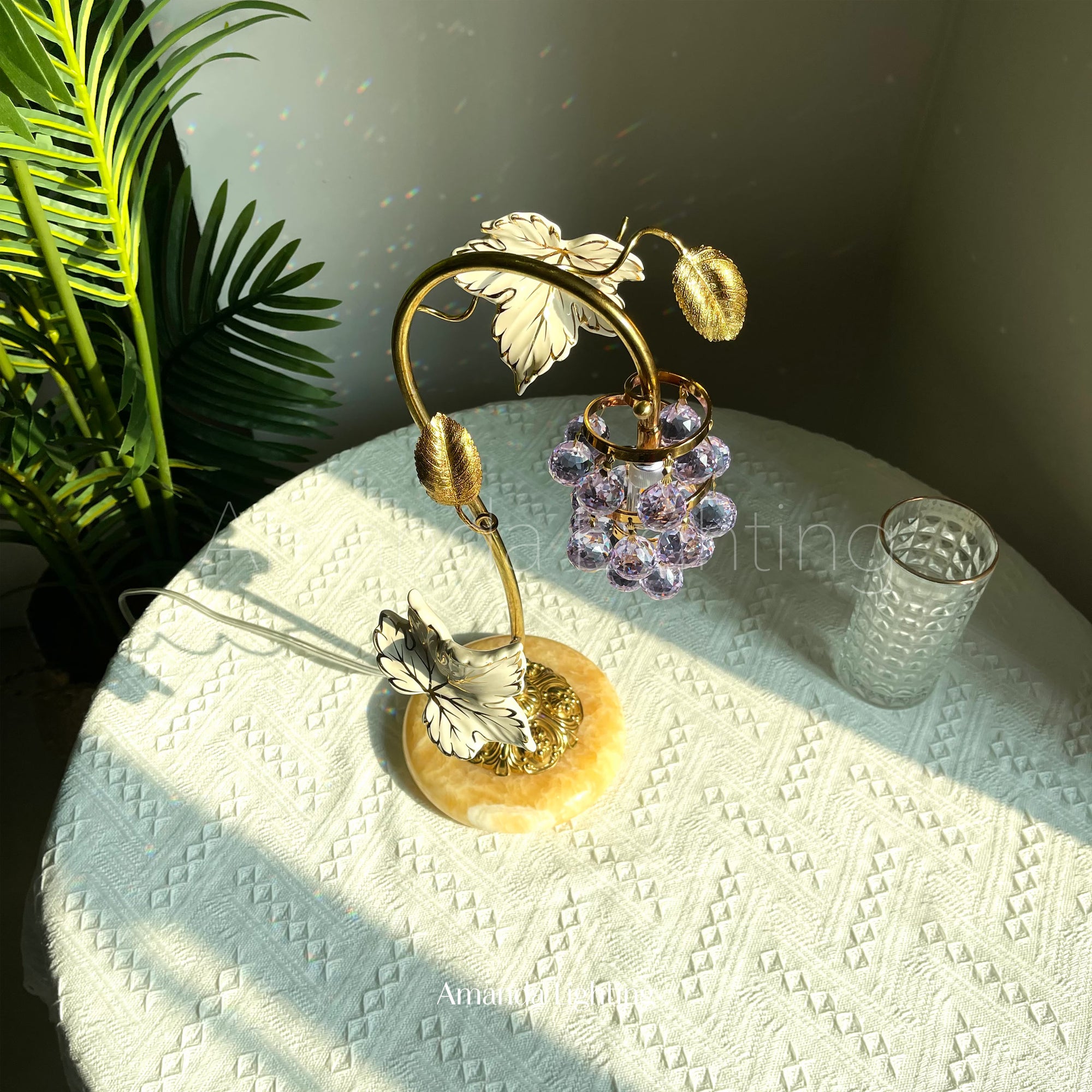Mid Century Modern Brass Table Lamp With Purple Grape - 1 Light