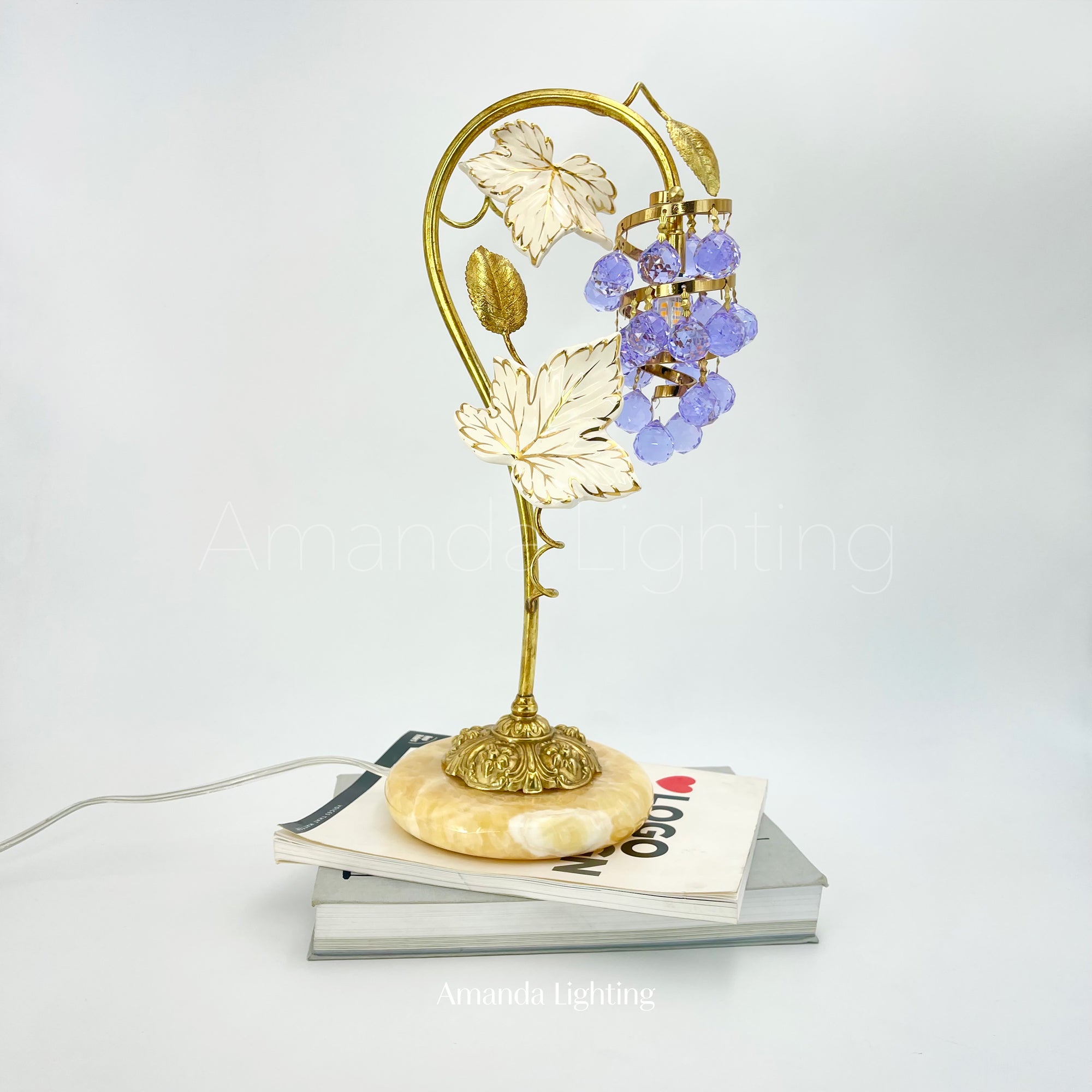 Mid Century Modern Brass Table Lamp With Purple Grape - 1 Light