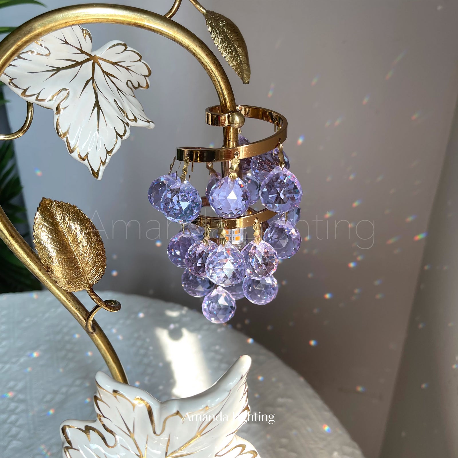 Mid Century Modern Brass Table Lamp With Purple Grape - 1 Light