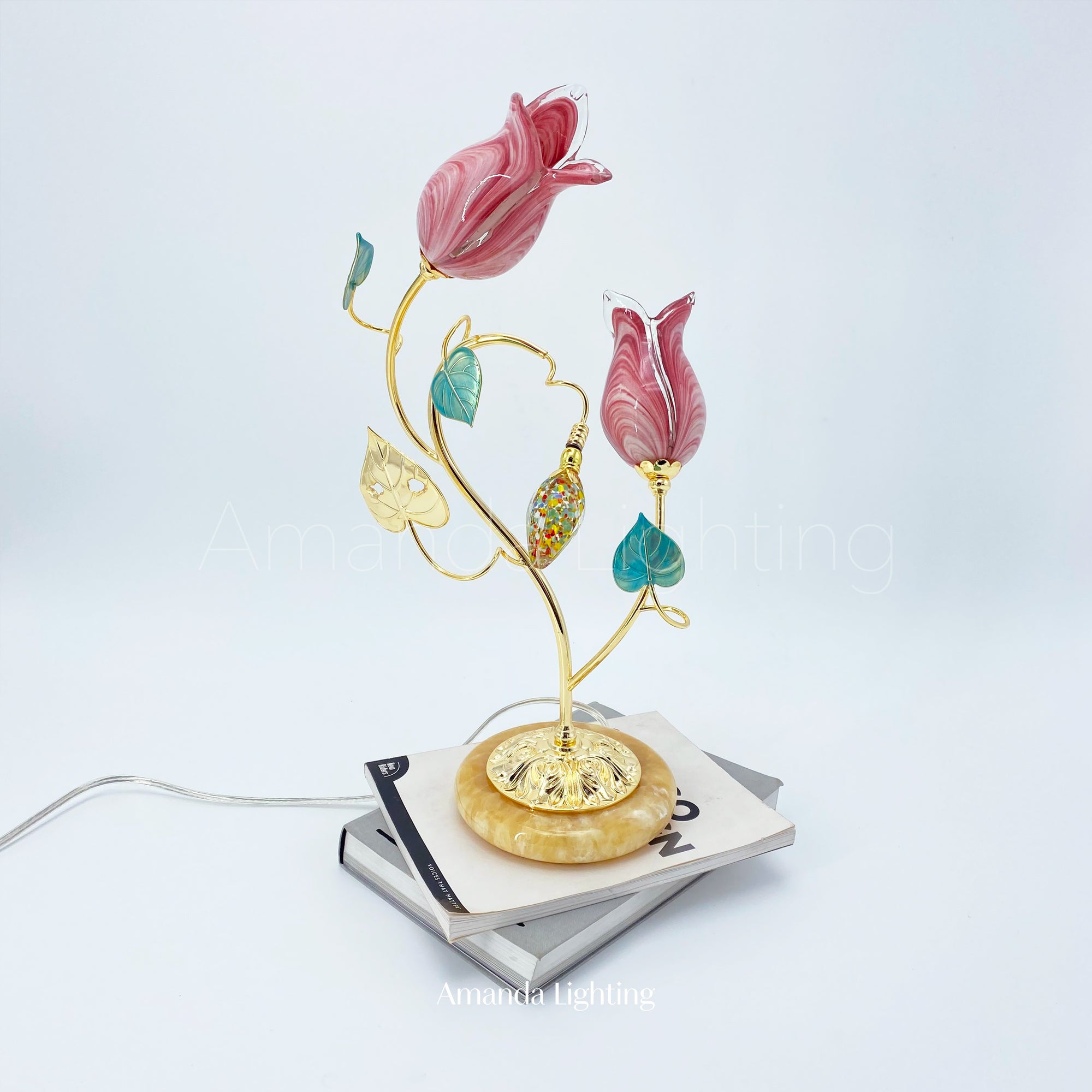 Brass Table Lamp With Pink Glass Tulip Flower Lamp Shades - 2 Lights