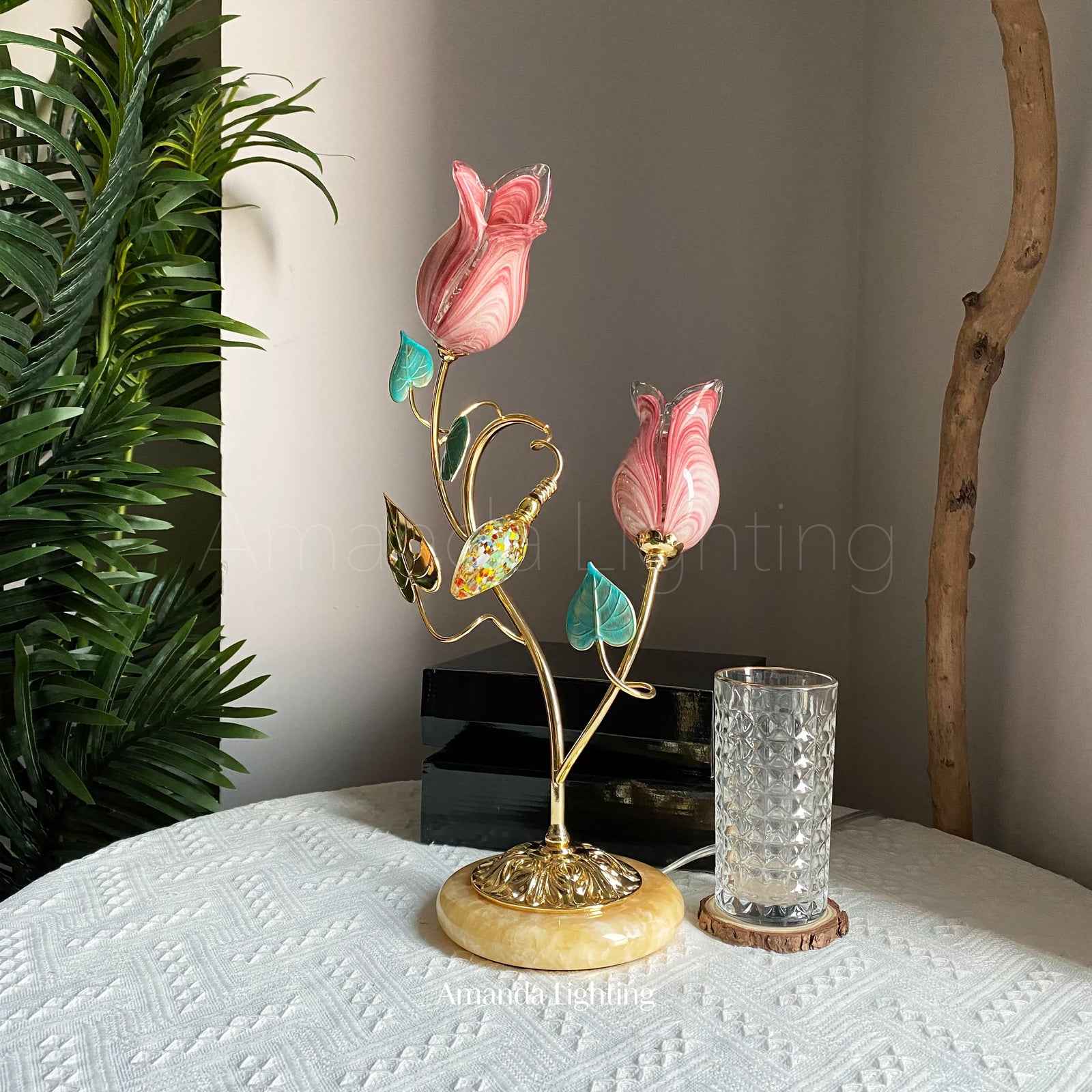 Brass Table Lamp With Pink Glass Tulip Flower Lamp Shades - 2 Lights