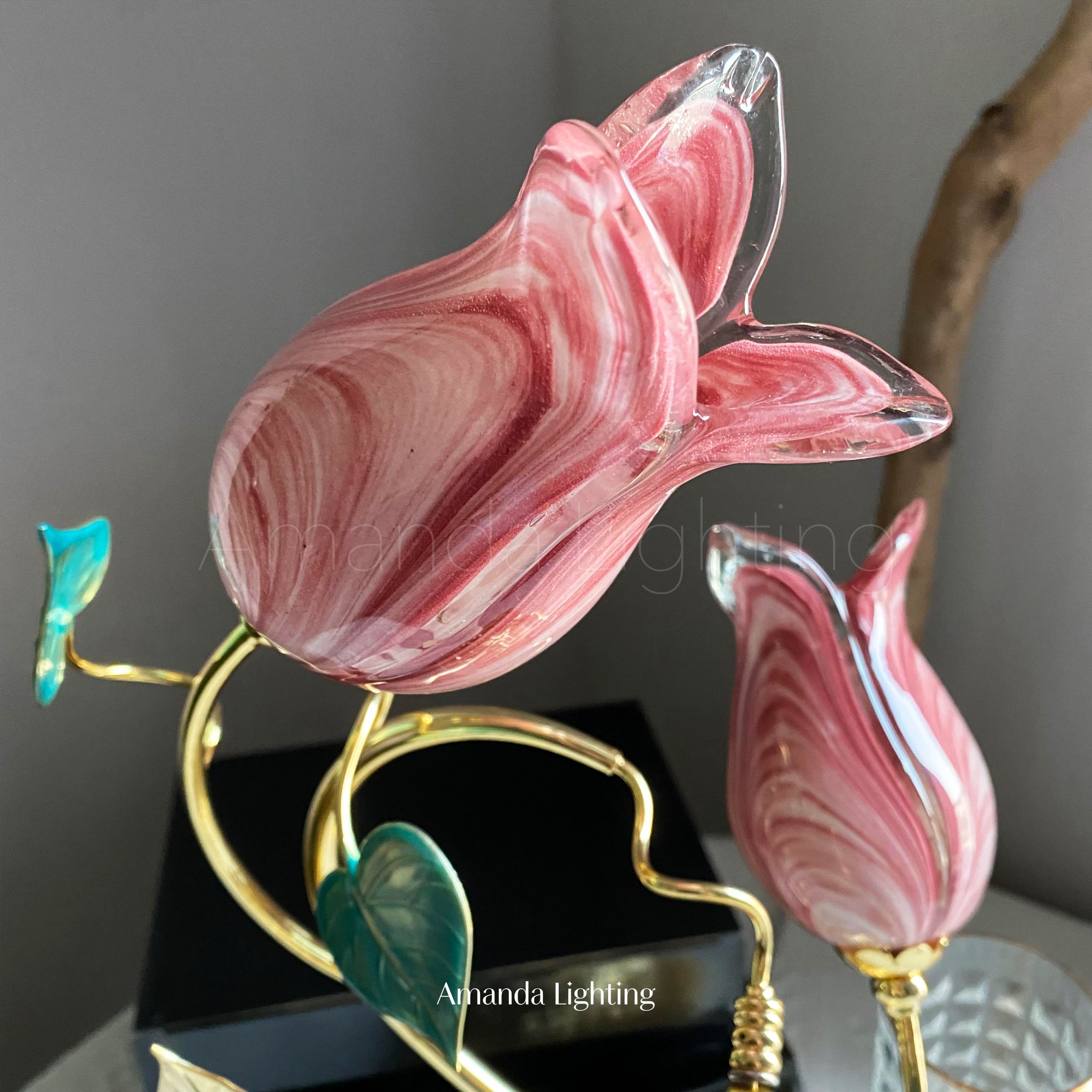 Brass Table Lamp With Pink Glass Tulip Flower Lamp Shades - 2 Lights
