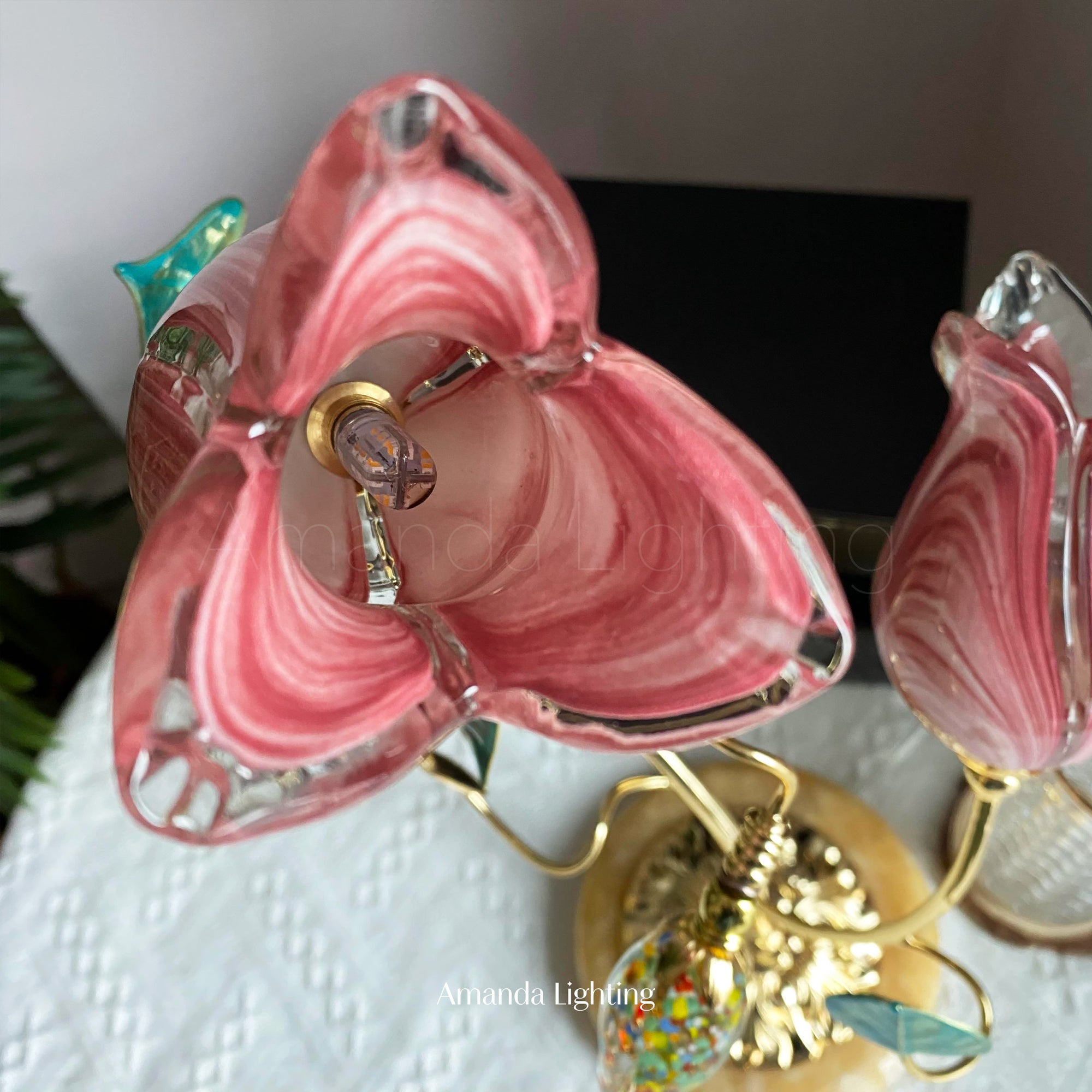 Brass Table Lamp With Pink Glass Tulip Flower Lamp Shades - 2 Lights