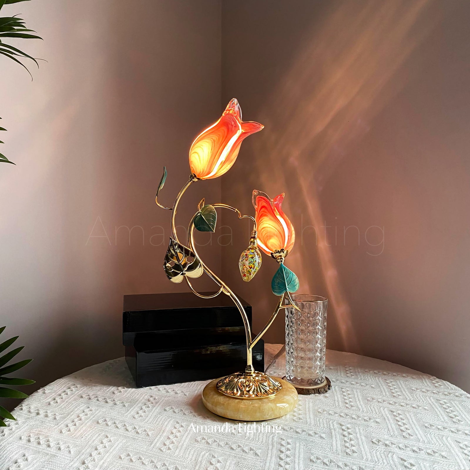 Brass Table Lamp With Pink Glass Tulip Flower Lamp Shades - 2 Lights