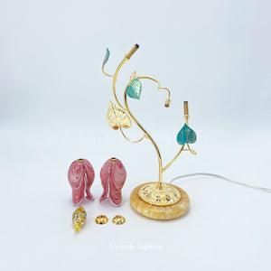 Brass Table Lamp With Pink Glass Tulip Flower Lamp Shades - 2 Lights
