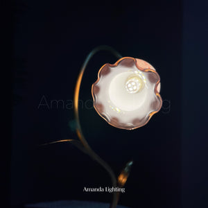 Floral Table Lamp With Pink Glass Lamp Shade For Bedroom