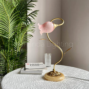 Floral Table Lamp With Pink Glass Lamp Shade For Bedroom