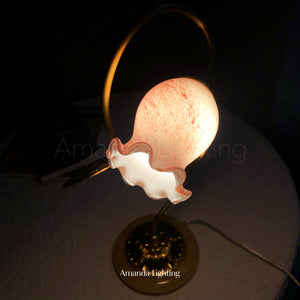 Floral Table Lamp With Pink Glass Lamp Shade For Bedroom