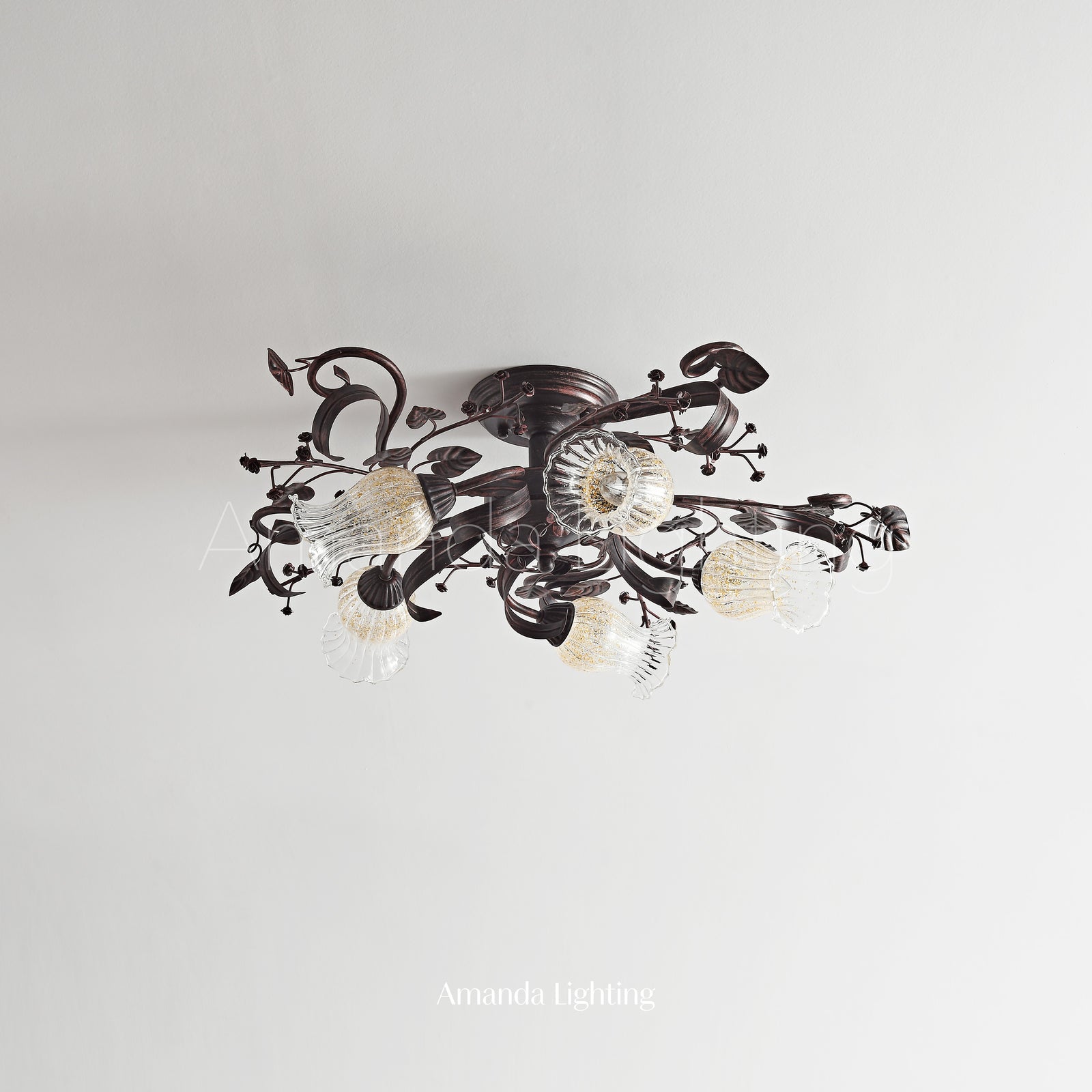Brushed Black Ceiling Light With Clear Flower Glass Shades - 5 Lights