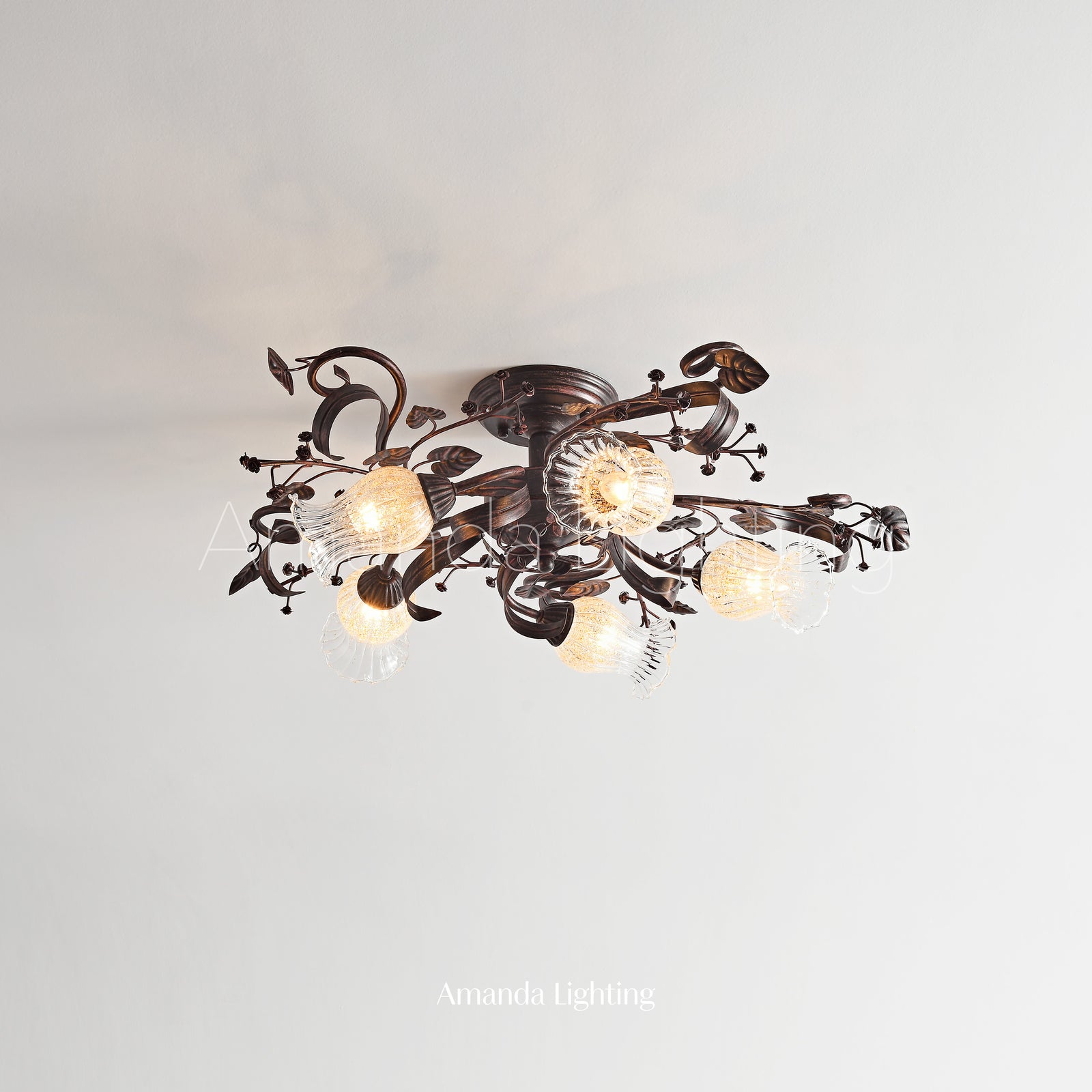 Brushed Black Ceiling Light With Clear Flower Glass Shades - 5 Lights