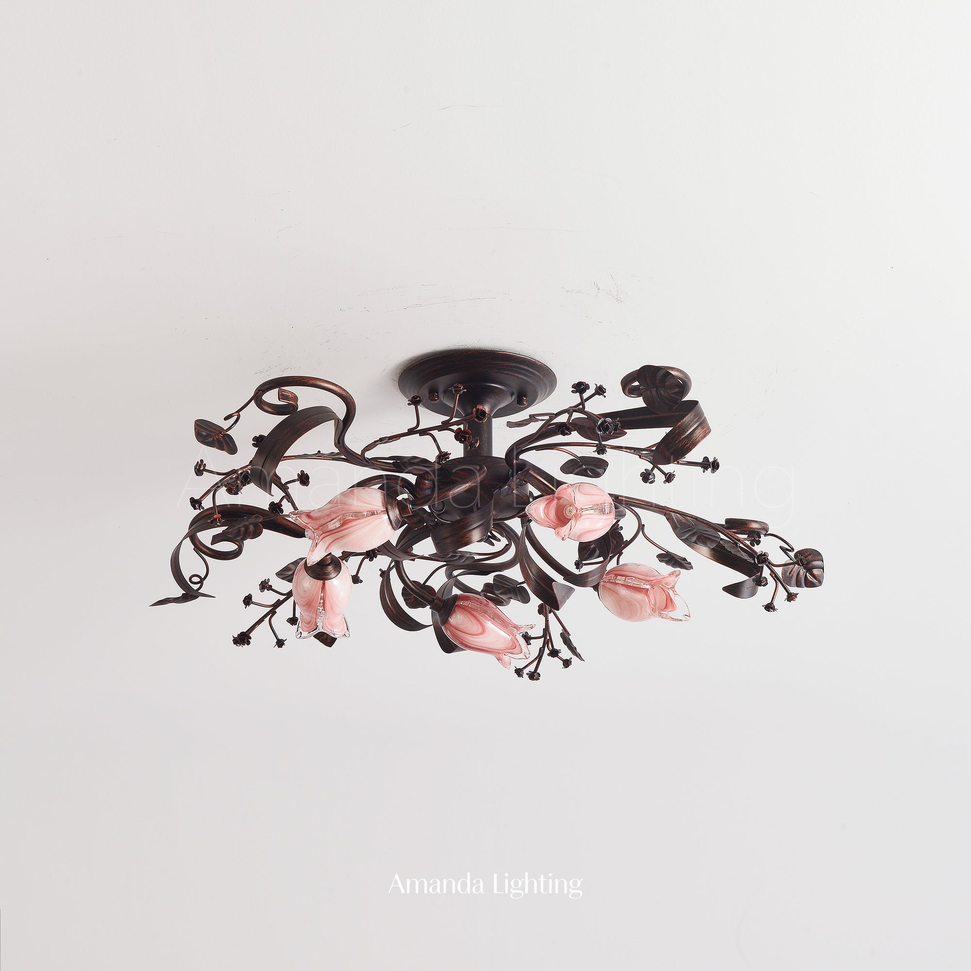 Brushed Black Ceiling Light With Pink Glass Tulip Shades - 5 Lights