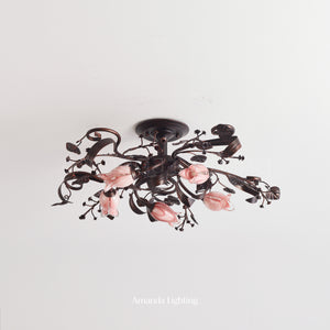 Brushed Black Ceiling Light With Pink Glass Tulip Shades - 5 Lights