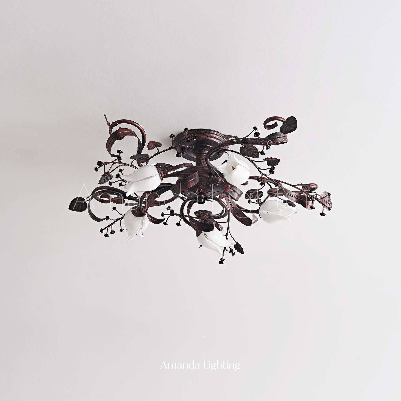 Brushed Black Ceiling Light With White Glass Tulip Shades - 5 Lights