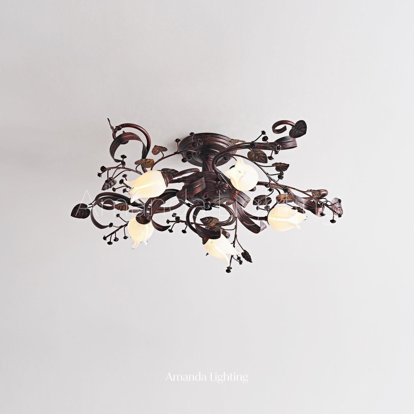 Brushed Black Ceiling Light With White Glass Tulip Shades - 5 Lights