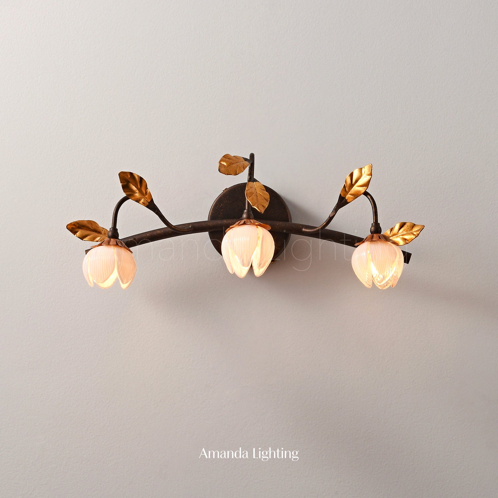 Romantic Wall Sconce Light With Pink Glass Tulip Lamp Shades - 3 Lights