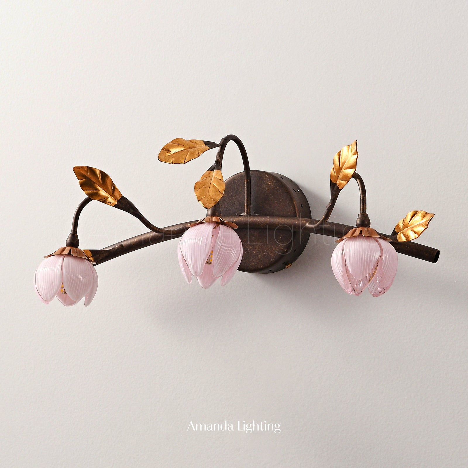 Romantic Wall Sconce Light With Pink Glass Tulip Lamp Shades - 3 Lights