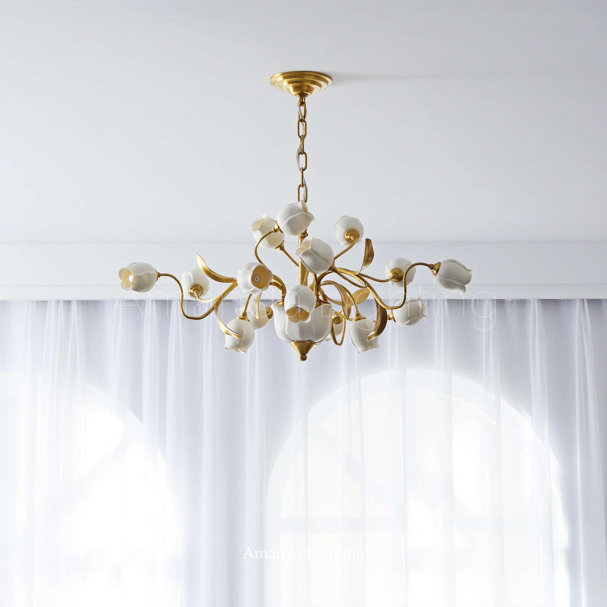 Brass Chandelier With White Ceramic Tulip Shades