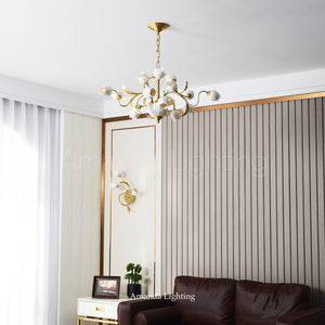 Brass Chandelier With White Ceramic Tulip Shades