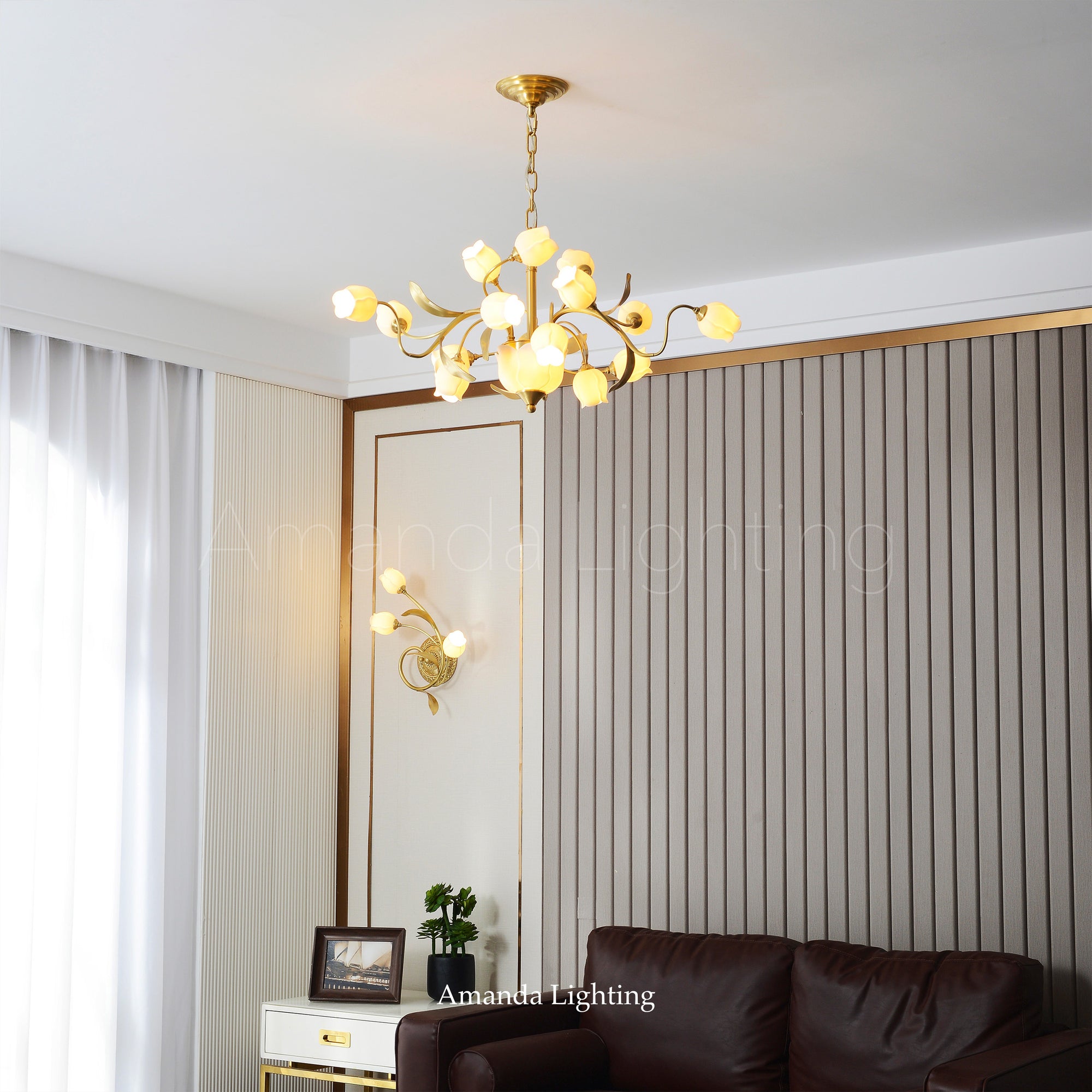 Brass Chandelier With White Ceramic Tulip Shades