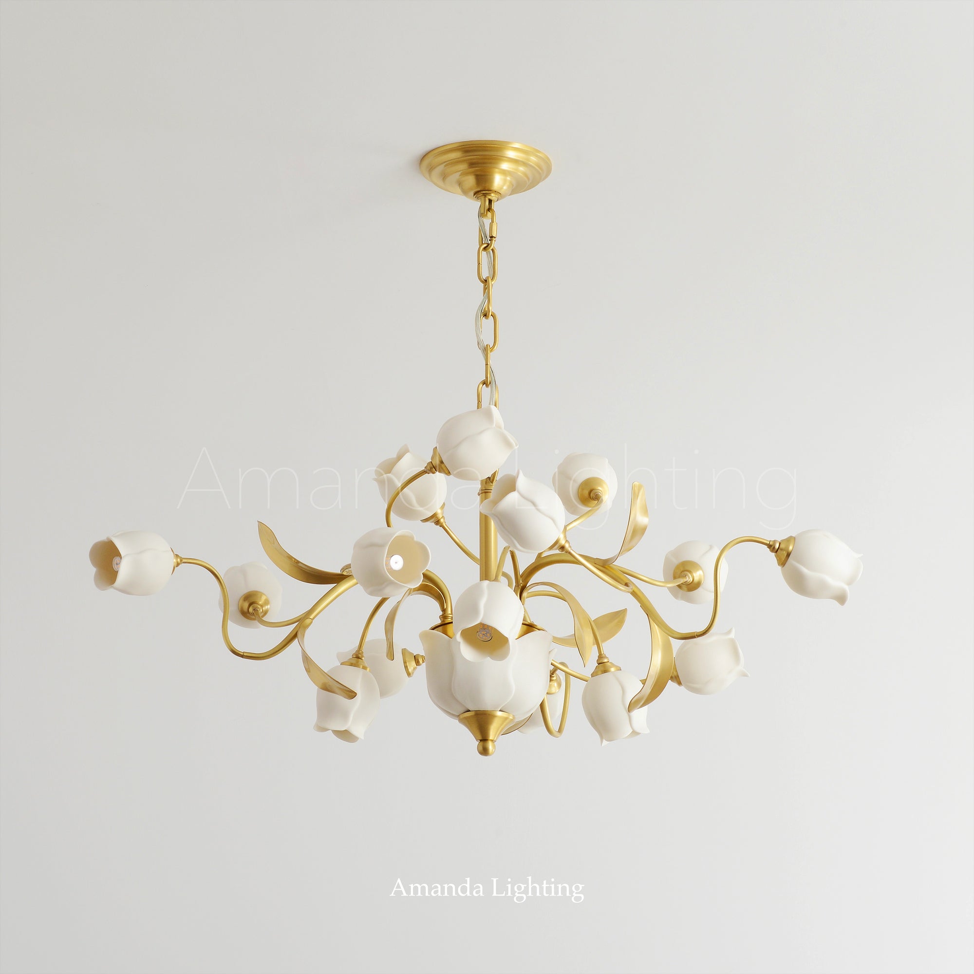 Brass Chandelier With White Ceramic Tulip Shades