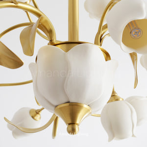 Brass Chandelier With White Ceramic Tulip Shades