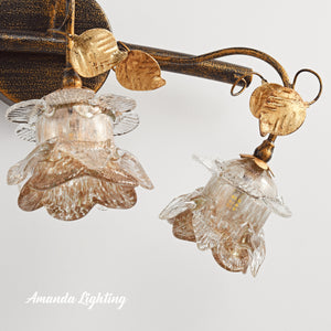 Antique Wall Sconce Light With Gold Sand Rose Flower Lamp Shades - 3 Lights