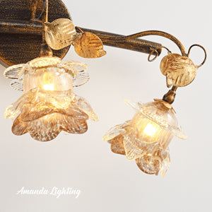 Antique Wall Sconce Light With Gold Sand Rose Flower Lamp Shades - 3 Lights