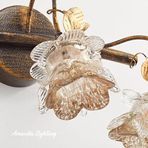 Antique Wall Sconce Light With Gold Sand Rose Flower Lamp Shades - 3 Lights