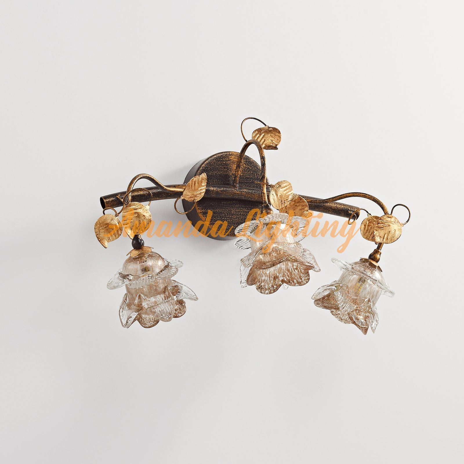 Antique Wall Sconce Light With Gold Sand Rose Flower Lamp Shades - 3 Lights