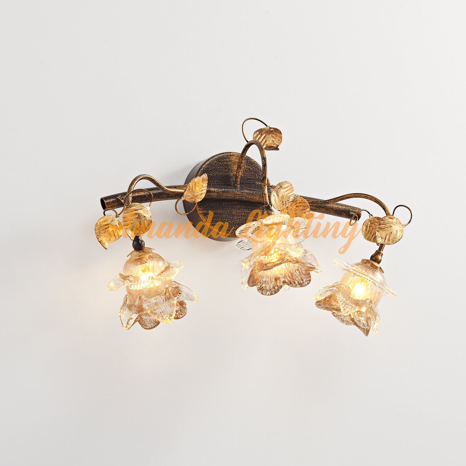 Antique Wall Sconce Light With Gold Sand Rose Flower Lamp Shades - 3 Lights