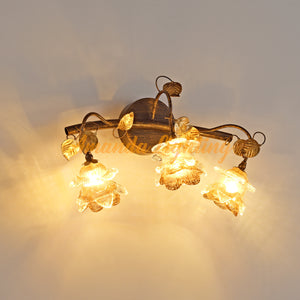 Antique Wall Sconce Light With Gold Sand Rose Flower Lamp Shades - 3 Lights